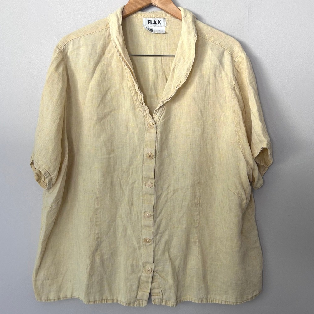 FLAX Linen Shirt Womens 3G Yellow 100% Linen Button Up Generous Fit Lagenlook